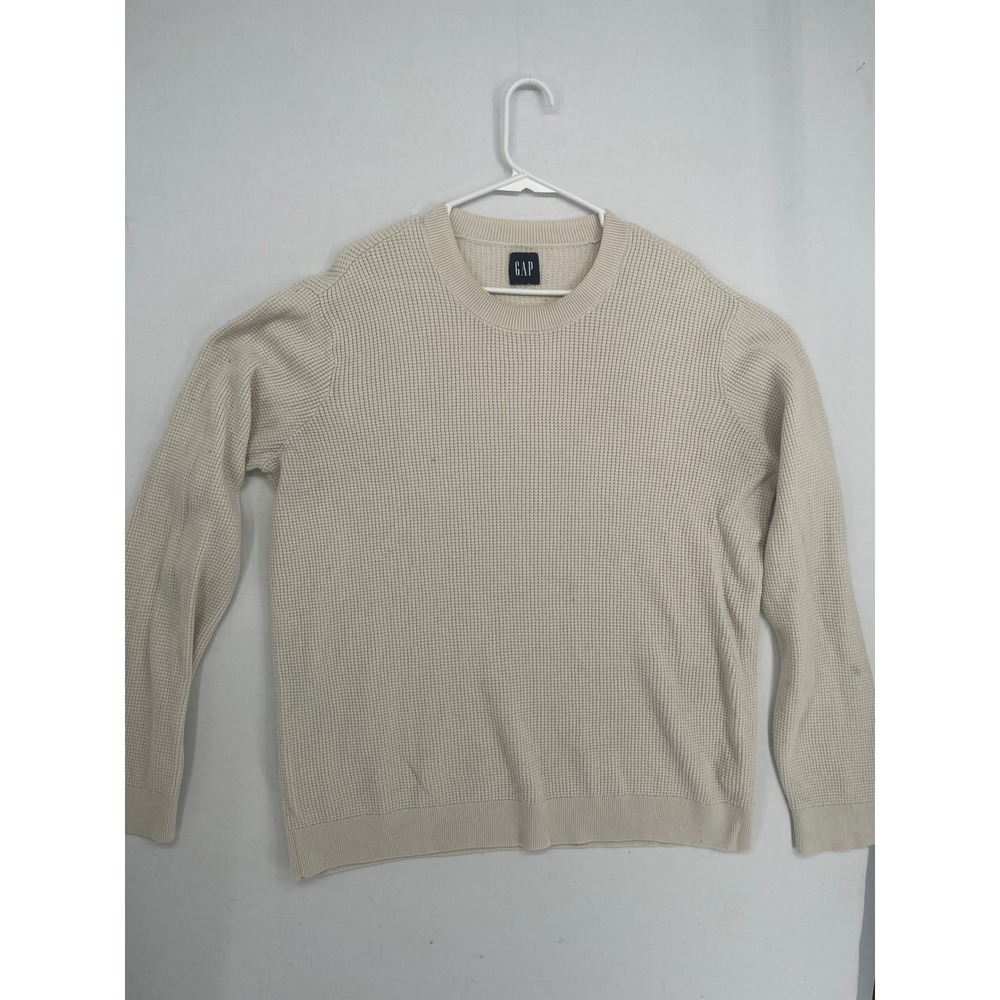 Gap Mens Crewneck Waffle Knit Sweater Cream Off White Long Sleeve Cotton Blend